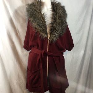 Burgundy faux fur cardigan by Love 21